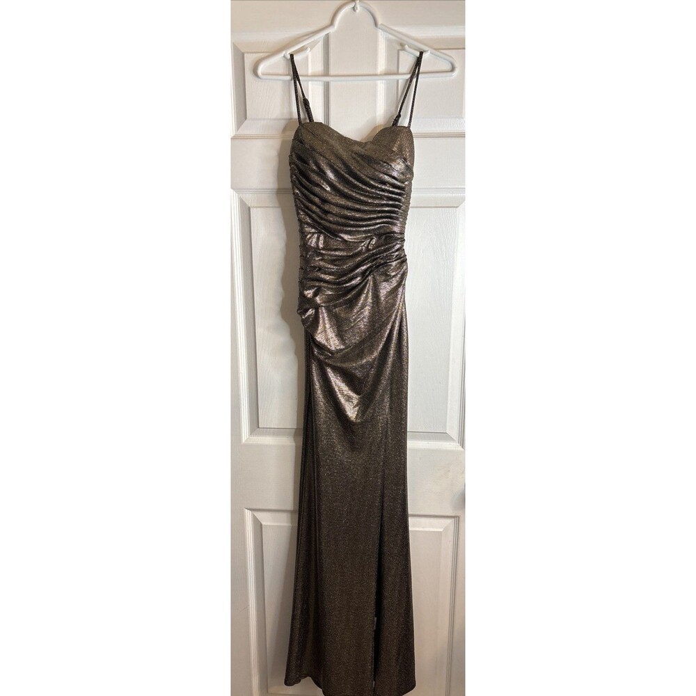 B Darlin Juniors 1/2 Ruched Metallic Gold Long Gown Dress Maxi